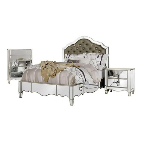 FOA Gavvi Glam 3-Piece Silver Wood Bedroom Set - Queen   Nightstand   Chest