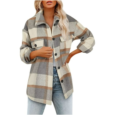 

jsaierl Women s Flannel Plaid Jacket Long Sleeve Button Down Chest Pockets Shirts Coats Fall Winter Woolen Shacket