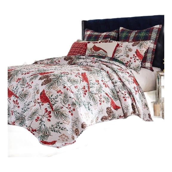 Coro 2pc Twin Size Quilt Set, Red White Christmas Cardinal Polyester