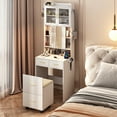 thumbnail image 4 of Spaco Vanity Desk with Sliding Mirror and LED Lights, Makeup Table with Charging Station and Storage Shelves, Compact Mini Corner Vanity Set with Hidden Storage Stool for Small Space, White, 4 of 15