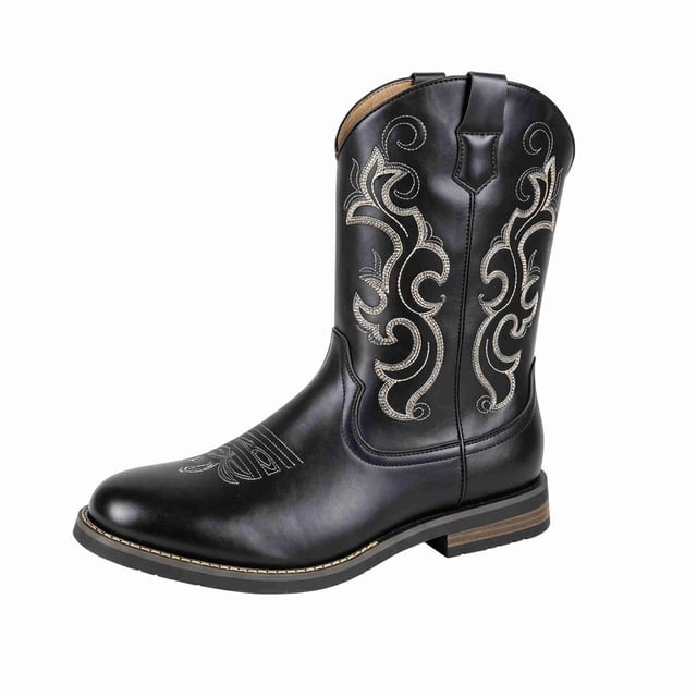 Men's Classic Western Cowboy Boots with Intricate Embroidery - Square Toe Roper Boots for Riding, Work & Casual Wear - Durable Leather-Look Boots with Cushioned Insole