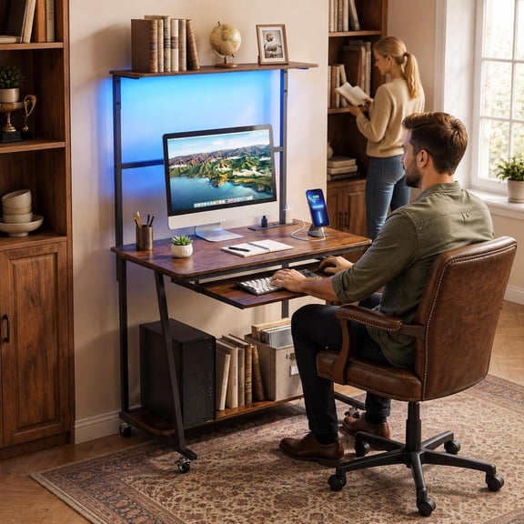 Small Computer Desk with Charging Station, Led Lights, Wheels, Hutch Shelf, Keyboard Tray, Rustic Brown