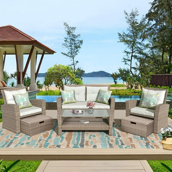 SEGMART 6 Piece Outdoor Patio Furniture Sets, All-Weather Rattan Conversation Set with Ottoman & Cushions, Outdoor Sectional Wicker Set for Backyard, Deck, Poolside, Beige