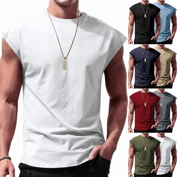 Men's Solid Sleeveless T-Shirt Cotton Blend Crew Neck Muscle Tank Top Gym Workout Vest Casual Summer Streetwear Blue M