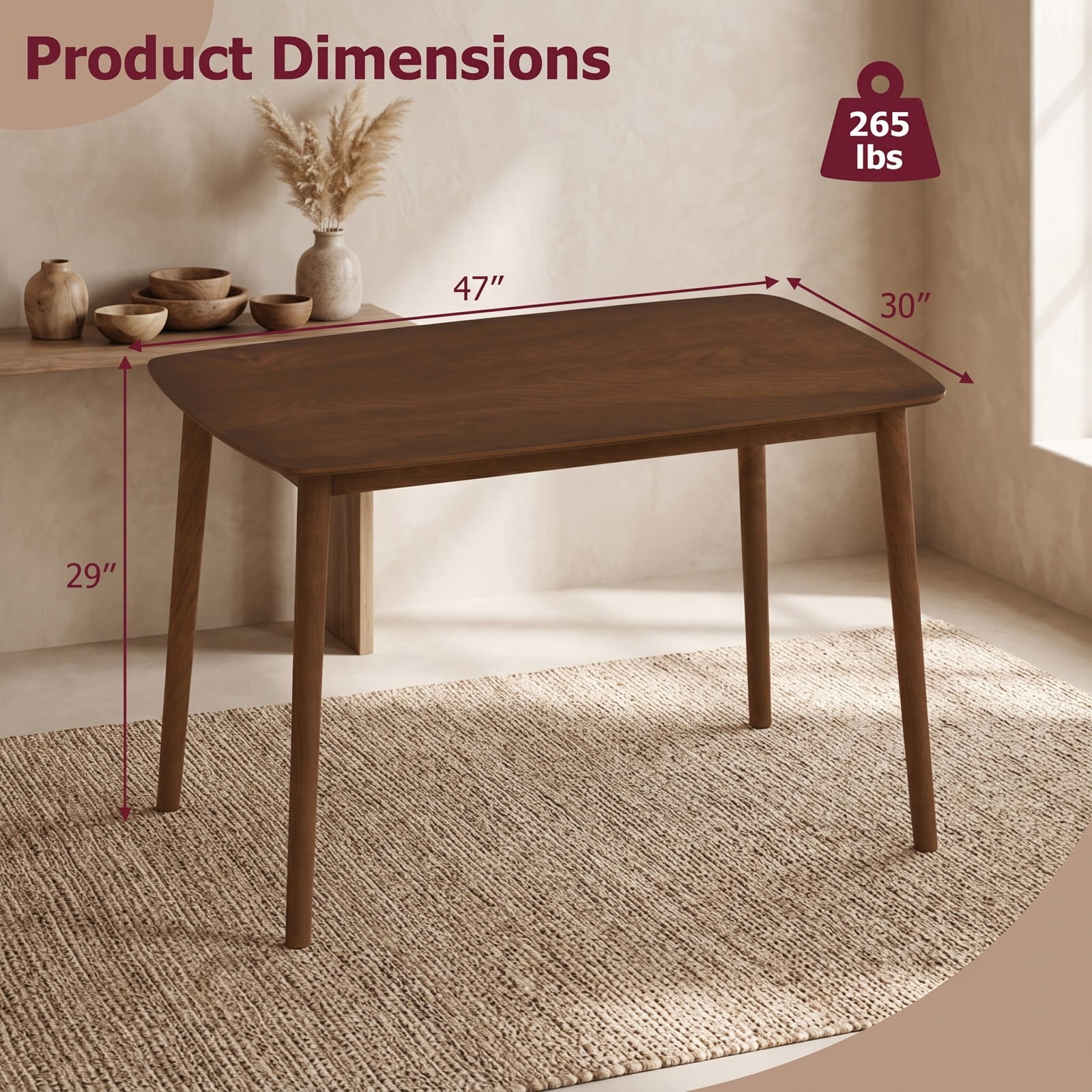Furnibear Rectangular Dining Table for Kitchen Breakfast Nook, Rubber Wood Kitchen Table Seats 4, Space-Saving Rectangle Dinner Table for Living Room Home, Coffee