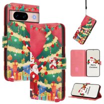 Phone Case for Google Pixel 8a, Luxury Christmas Pattern Card Slots Cash Pocket Magnetic Clasp Full Body Protection Shockproof Kickstand Wallet Flip Case with Wrist Strap, F
