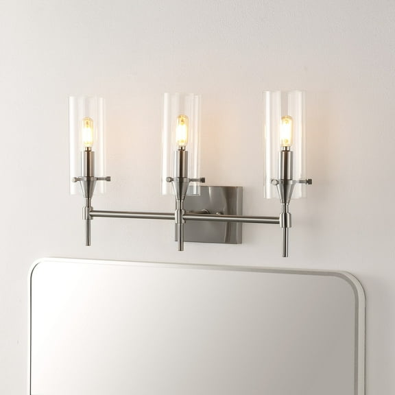 JONATHAN Y Cato 21.25" 3-Light Modern Minimalist Iron/Glass LED Vanity, Nickel/Clear