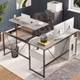 thumbnail image 2 of Bestier Versatile 60 Inch L-Shaped Standing Desk, Lift Top Corner Desk Extending to 95 Inches with Storage Cabinet and Hooks for Home Office, Washed White, 2 of 8