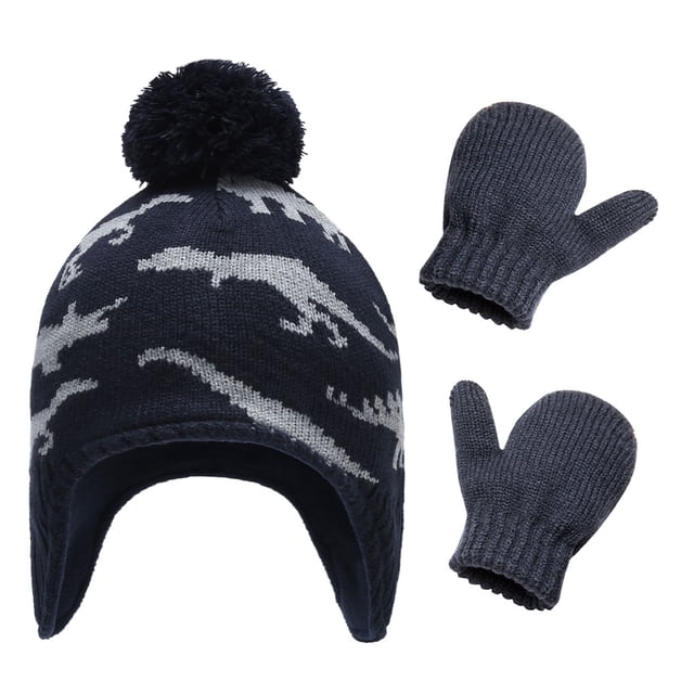 Minnieouse Sombrero Guantes Kit Diseño de orejeras Manoplas de punto para niños con patrones de dinosaurios Animal Accesorios de invierno Regalo de Año Sombreros gris azulado M 2-3ans Minnieouse AP009413-02B
