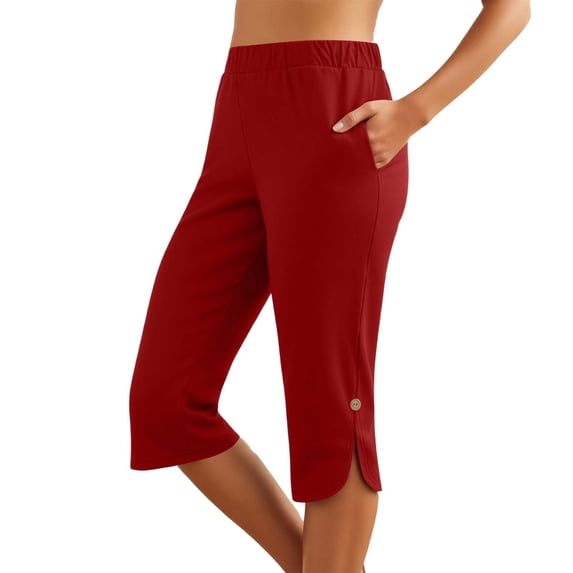 Capri Pants for Women Summer Solid Slim Trousers Pocket Side Slit 7/8 Length Casual Womens Pants Red S