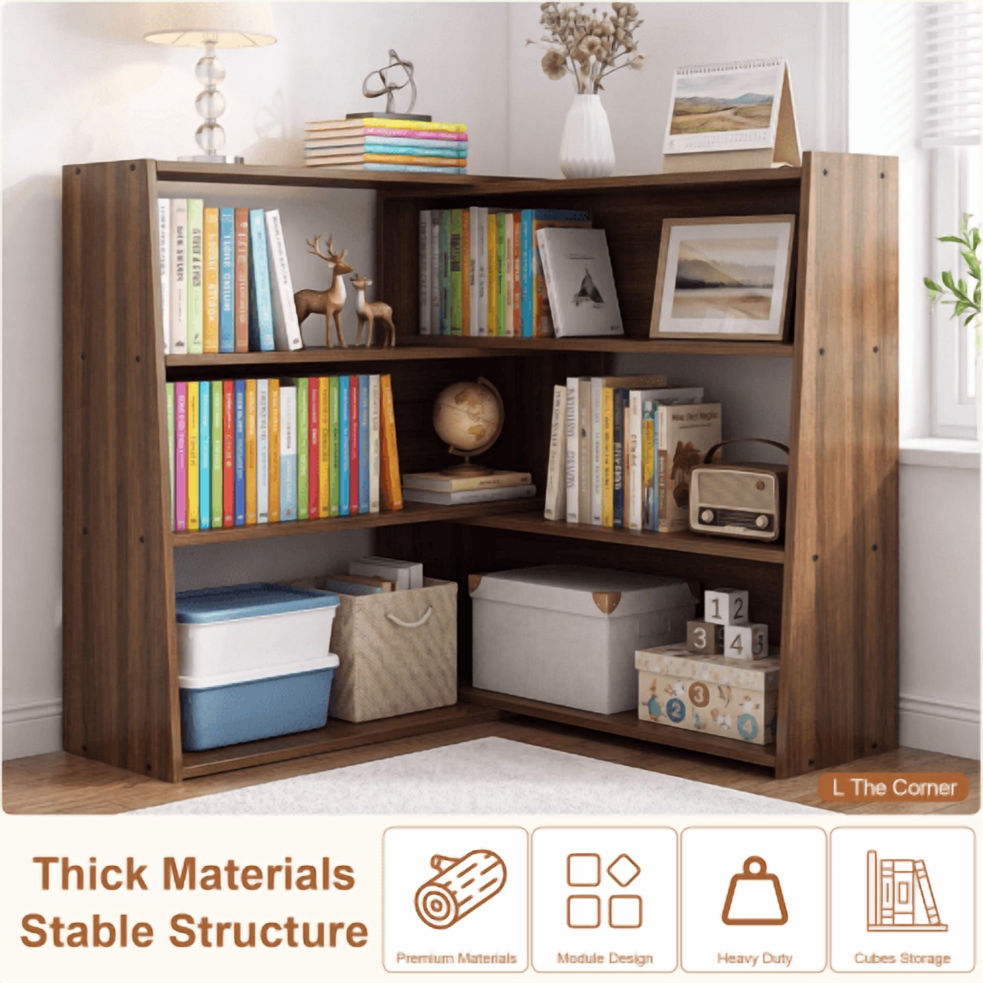 3-in-1 Convertible Extendable Ladder Bookshelf, 3-Tier Walnut Wood Bookcase with 6 Open Cubbies, Space-Saving Corner Shelf for Living Room, Study, Bedroom