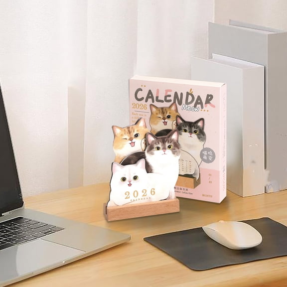HOARBOEG 2026 Cute Cat Wall and Desk Calendar with Wooden Base, Adorable 3D立体 Kitten Illustration Desktop Ornament Planner, 2-in-1 Hanging & Standing Decorative Calendar for Office Home Gift