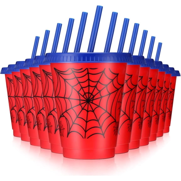 12 Pcs 16 oz Spider Cups Bulk, Spider Birthday Party Favors Cups with Lids and Straws, Plastic Cup for Birthday Party Decorations Celebration Birthdayy Partty Favor Supplies for Friends