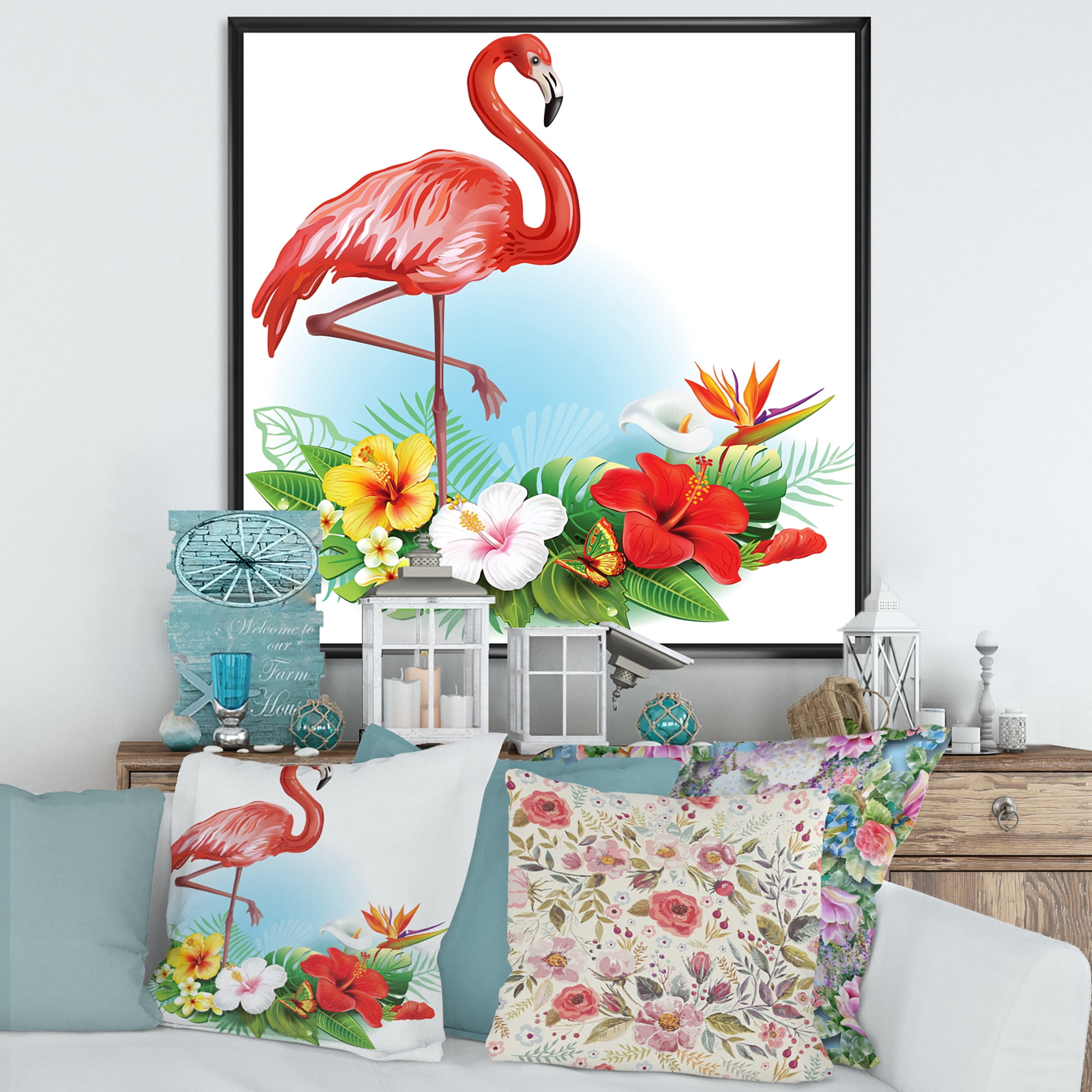 Arrangement with Flamingo and Tropical Flowers 16 in x 16 in Framed Painting Canvas Art Print, by Designart