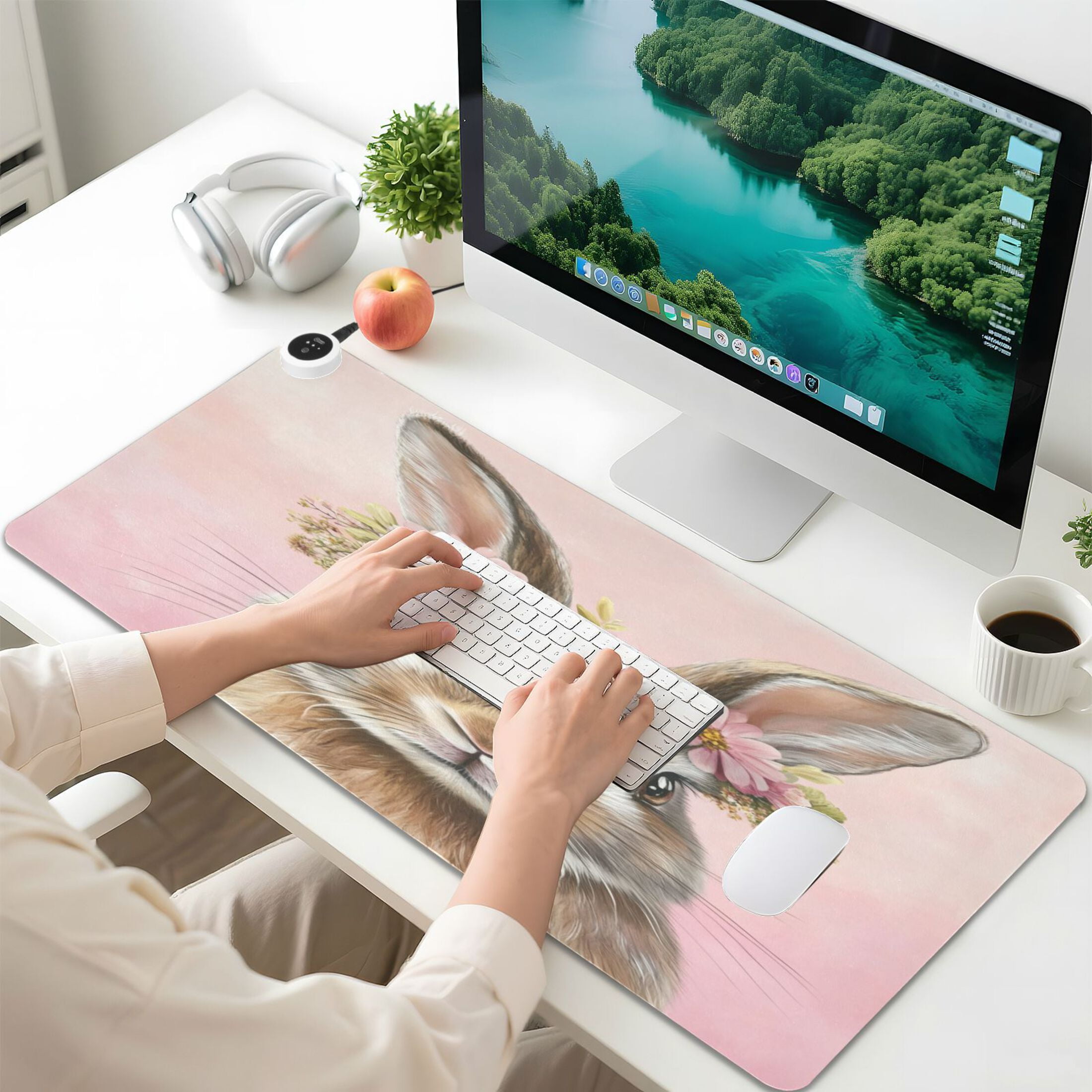 Wobogo Pink Wreath Bunny Heated Mouse Pad Extra-Large Desk Mat With 3 Heating Levels and 3-hour Auto Shut-Off Protection Ideal for Computer Keyboards Home Office Hand-warming Essential 31.5in × 13in