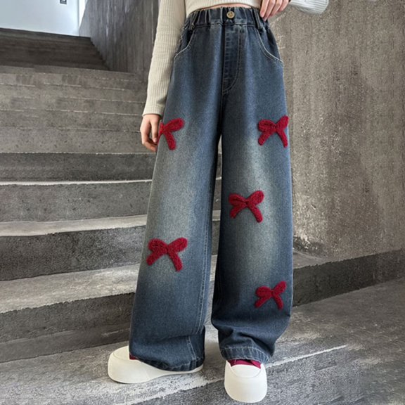 HAJWOH Baggy Jeans for Girls Wide Leg Cute Bow Star Jeans Kids Elastic Wasited Denim Pants 5-14Y