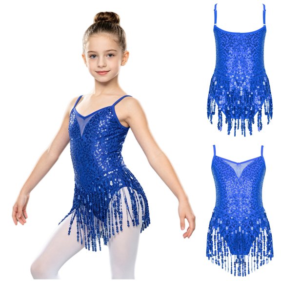 Aislor Kids Girls Shiny Sequin Latin Jazz Ballet Dance Dress with Tassel Hem Ballroom Party Costume 6-14 Royal Blue 10