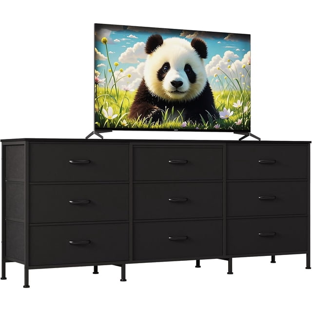 Yeshouse Mueble para TV de 63" con 9 cajones de tela y tablero de madera, consola multimedia con marco de metal, organizador de almacenamiento para dormitorio o sala de estar, 27" de profundidad