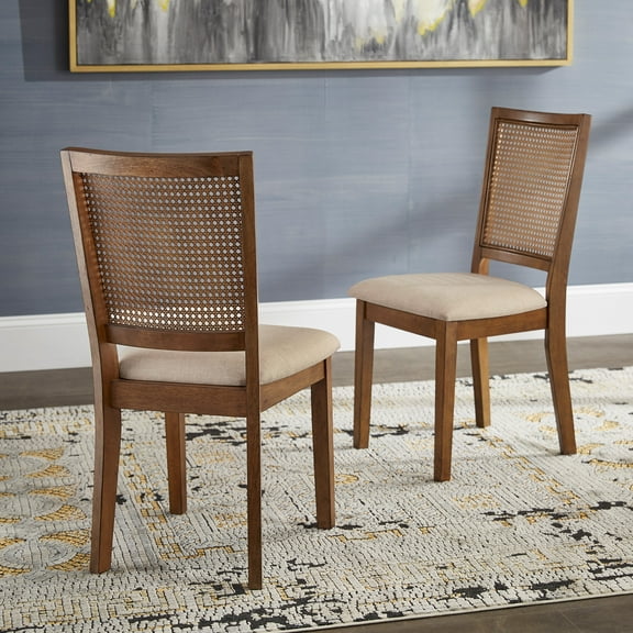 Weston Home Farmhouse Rattan Back Beige Seat Wood Dining Chairs, Set of 2, Multiple Finishes