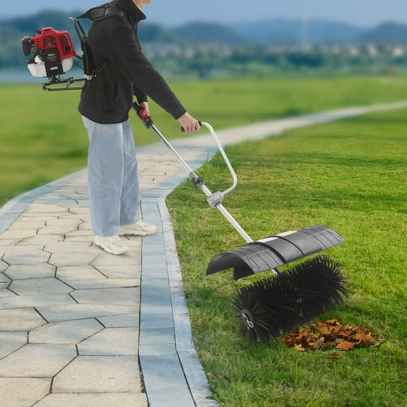 52CC 2 Stroke Gas Backpack Broom Sweeper, 1.7 KW / 2.3HP Artificial Grass Brush Gasoline Powered Broom, 1700W Outdoor Portable Lawn Sweeper Machine for Cleaning up Weep Boulevards, Driveways, Lawns