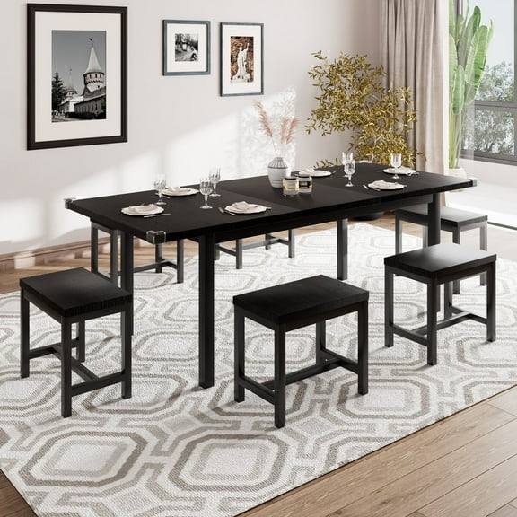 Laisnet 63" Extendable Dining Table Set for 6, Kitchen Table with 6 Stools, Metal Legs&MDF Board for Dining Room, Kitchen, Black