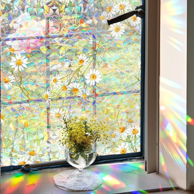 Película de privacidad para ventanas arcoíris de 39,4 x 16,9 pulgadas, antisol, antirayos UV, estática, 3D, margaritas pequeñas, no adhesiva, decorativa, para ventanas teñidas.
