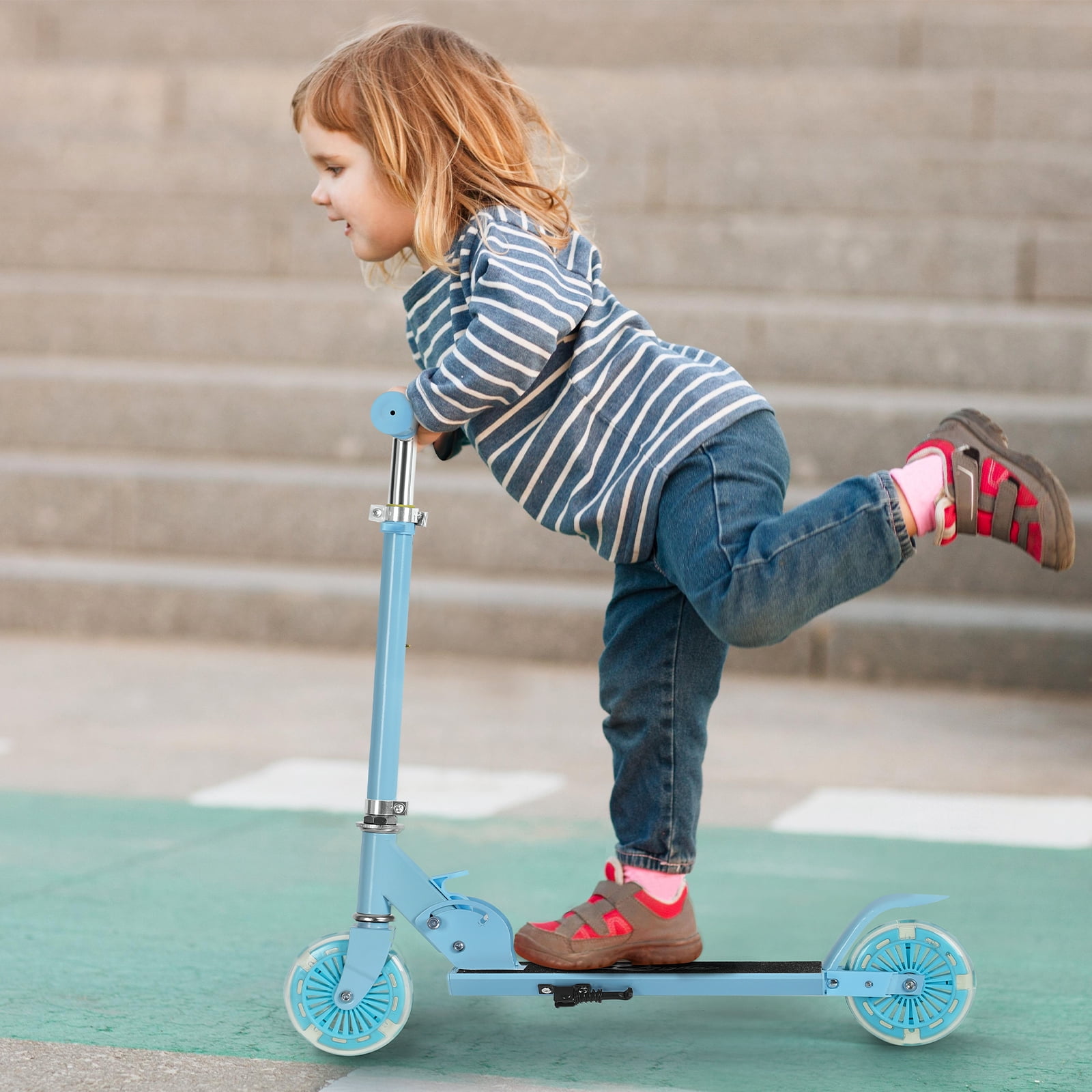 Scooter With 2 Wheels, for Kids Ages 6+, Kickstand Foot Support, Adjustable Height & Foldable, Light Blue