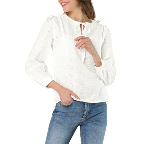 INSPIRE CHIC Women's Round Neck Tie Shoulder Textured Floral Long Sleeve Adjustable Cuffs Spring Top M White