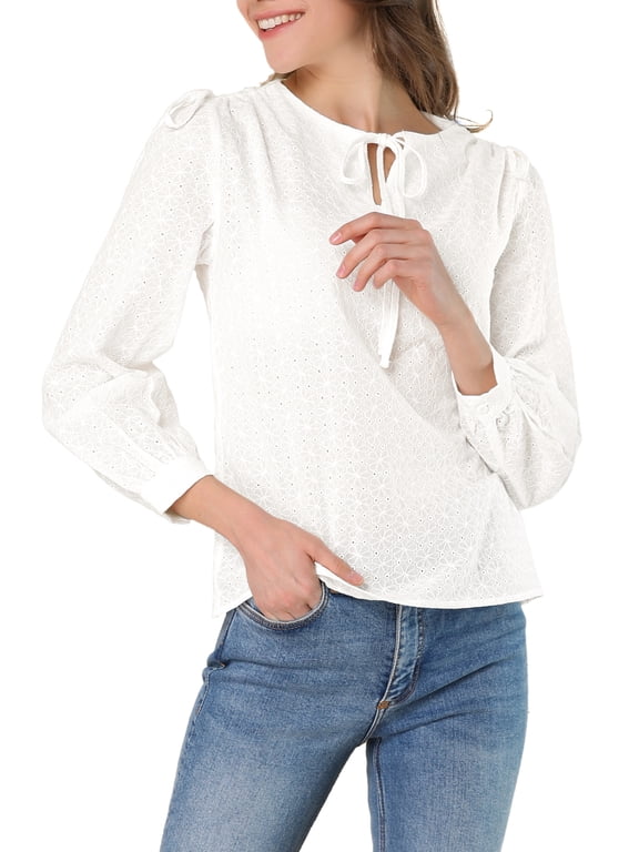 MODA NOVA Junior's Textured Tie Neck Long Sleeve Embroidery Blouses White L