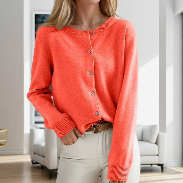 Cardigan Classique pour Femme, Chandail à devant Ouvert, Tenue Décontractée, Col Rond Classique, Design à Boutons pour Toutes les Occasions