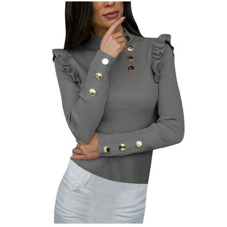 

White Long Sleeve Shirts For Women Women Casual Summer Cotton Shirts Grey Tops Women s Sleeved Slim Buttoned Ruffled Bottoming Buttons Shirt Top Blouse Underscrub Shirts 5 Pack (M Gray) TBKOMH