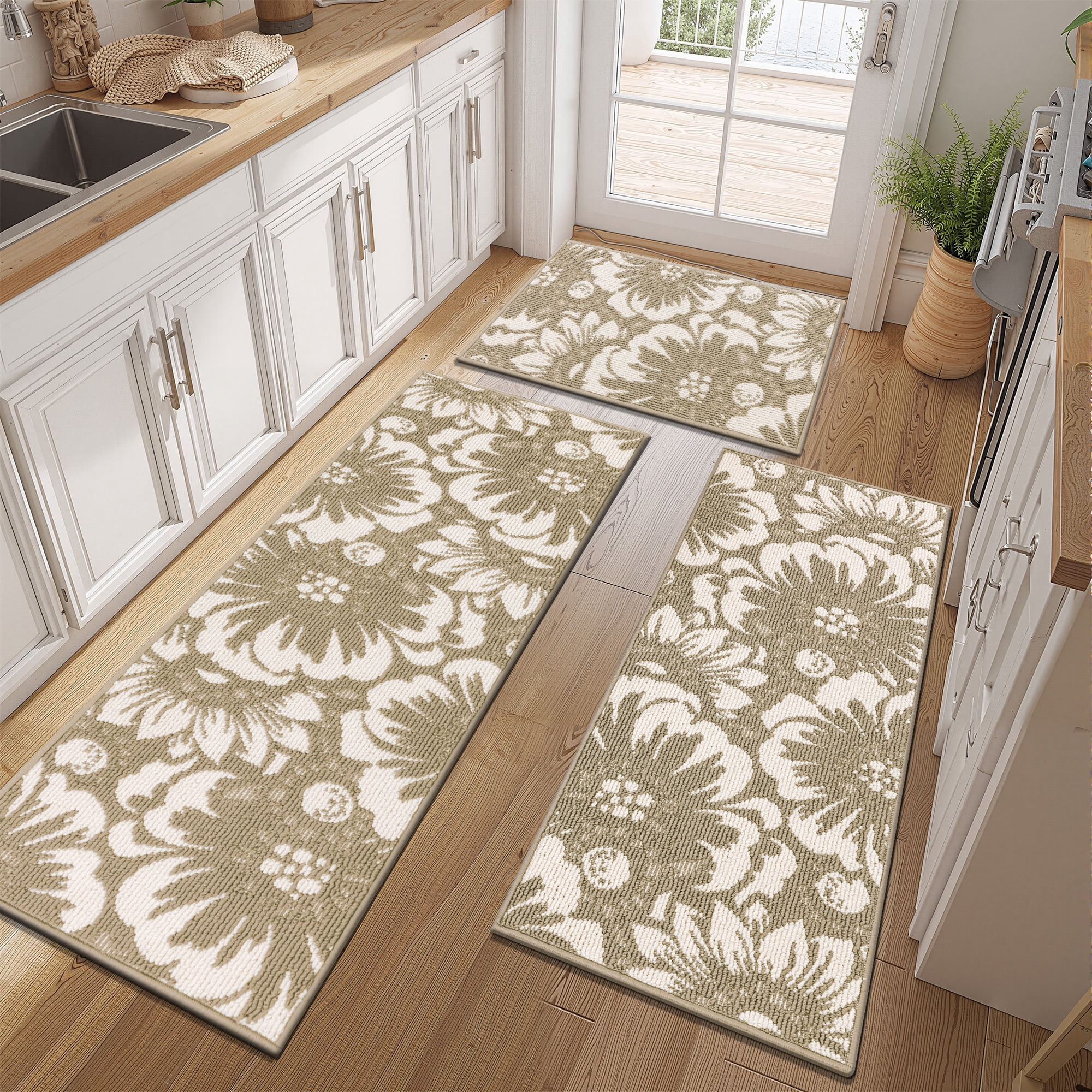 MeyJey Kitchen Rug Set 3 Piece, Non Slip Machine Washable Mats for Home Floor and Living Room, Beige