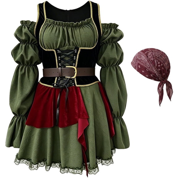 Jiibva Womens Medieval Pirate Costume Set Green Dress Belt Headscarf XL