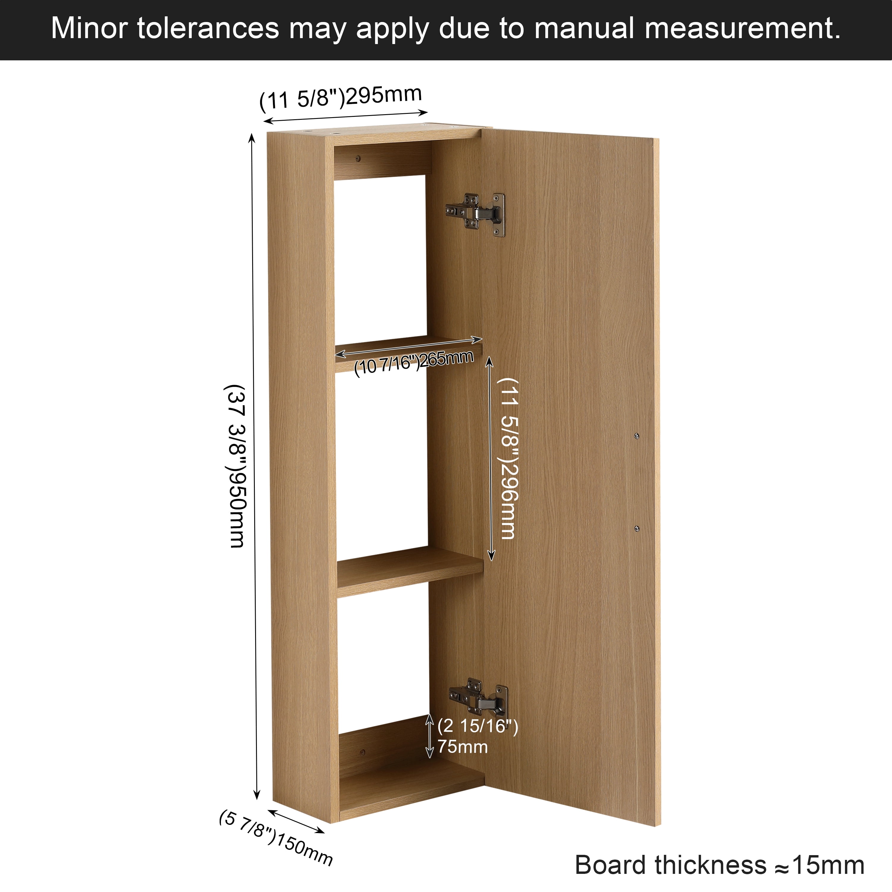 12" Tall Floating Bathroom Side Cabinet, Light Oak Plywood Linen Cabinet, Wall-Mounted Single Door Storage with Black/Aluminum Handles