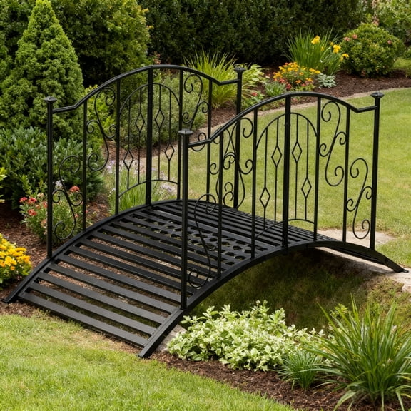 UBesGoo 4ft Arched Garden Bridge Handrail, Wrought Iron Construction, Black Matte Finish