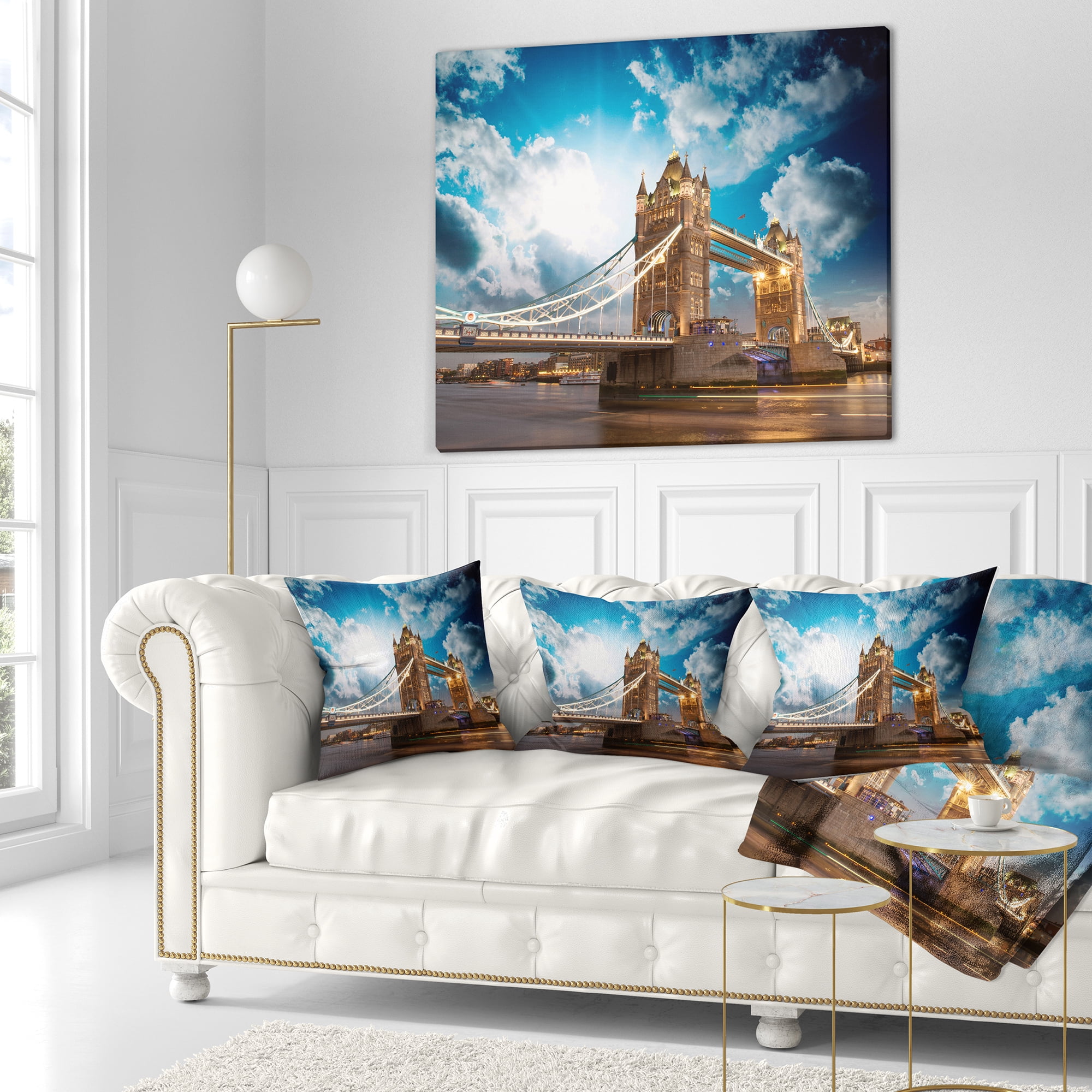 Designart Sunset Over Tower Bridge - Cityscape Photo Throw Pillow - 16x16