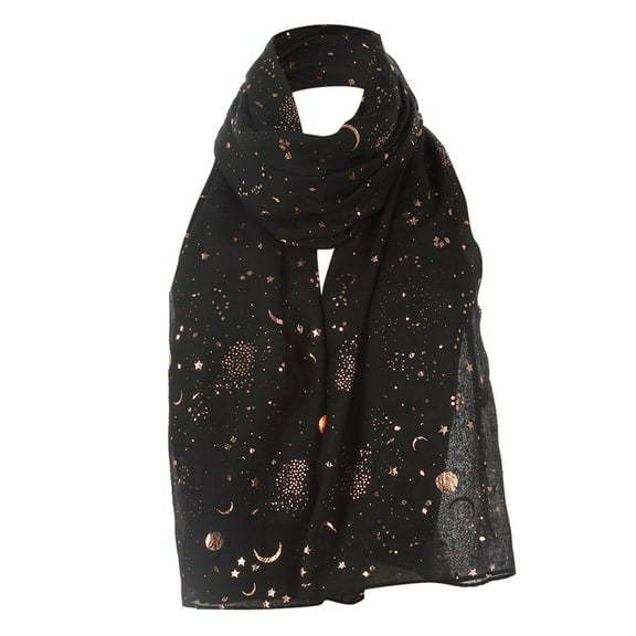 Prolriy Scarf for Women Fashion Star Moon Foil Printed Scarf Wrap Silk Shawl Travel Scarves Womens Scarf Black