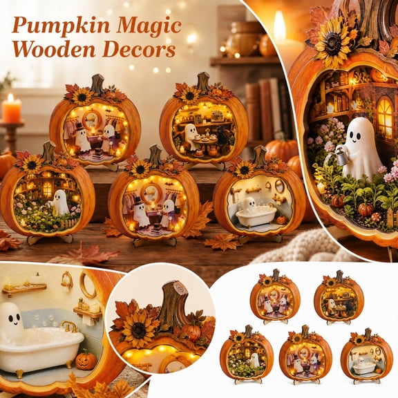 Halloween Pumpkin Decor Featuring Handcrafted Wooden Diorama with Warm Led Lights, Wooden Pumpkin Decor for Cozy Living Room and Desk Display, Festive Halloween Decor with Stand