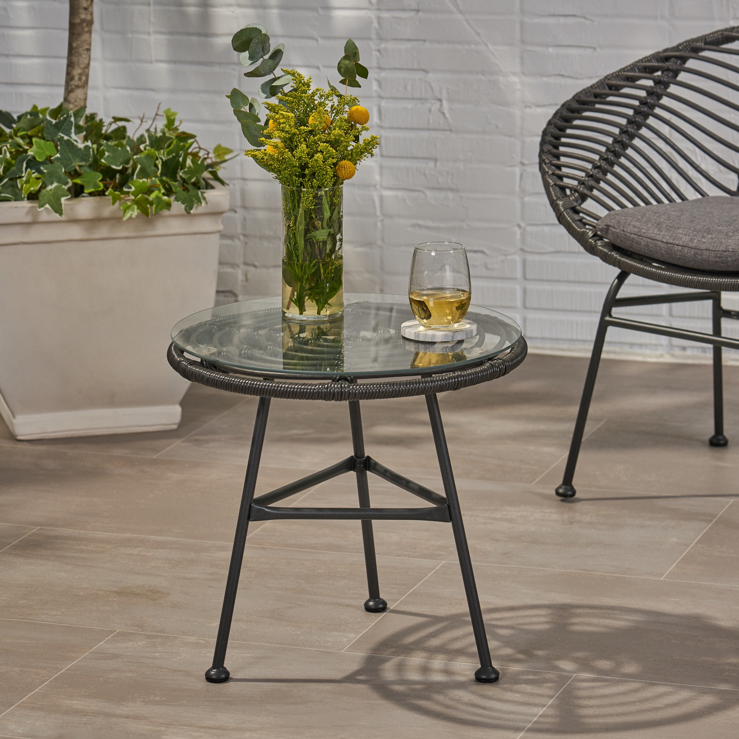 Euroco Modern Round Outdoor Side Table, Rattan Woven Top with Tempered Glass, Steel Frame