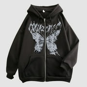 Kaprioy Women Y2K Zip Up Oversized Hoodie Skeleton Butterfly Gothic Emo Grunge Jacket Graphic Baggy Dark Academia Streetwear Fashion Clothes Black, L