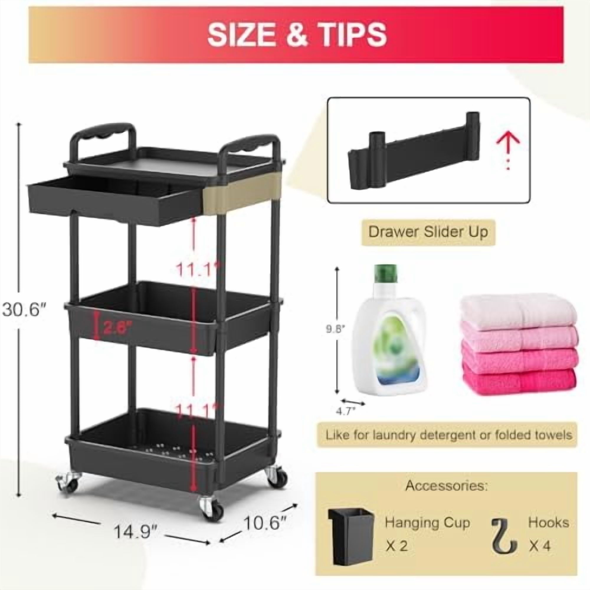 3 Tier Rolling Utility Cart Organizer with Removable Drawer, Stable and Sturdy Black Rolling Storage Carts with 2 Lockable Wheels for Bathroom, Kitchen, Snack, Craft, Makeup, Baby Essentials