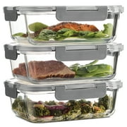 Glass Meal Prep Containers - 3-pack (35oz) 100% Leak Proof Glass Food Storage Containers, Newly Innovated Hinged BPA-free Locking lids - Great on-the-go, Freezer to Oven Safe Lunch Containers