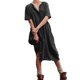 thumbnail image 1 of Vestido de lino de algodón con cuello redondo y botones de manga corta informal liso para mujer Pompotops ghjkhdj15670, 1 of 5