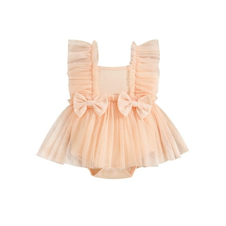 

Frobukio Infant Baby Girls Summer Romper Solid Sleeveless Square Neck Bowknot Party Princess Tulle Dress Jumpsuit Apricot 12-24 Months