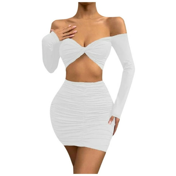 Women's Sexy Crop Top With Ruched Design And Bodycon Skirt Set