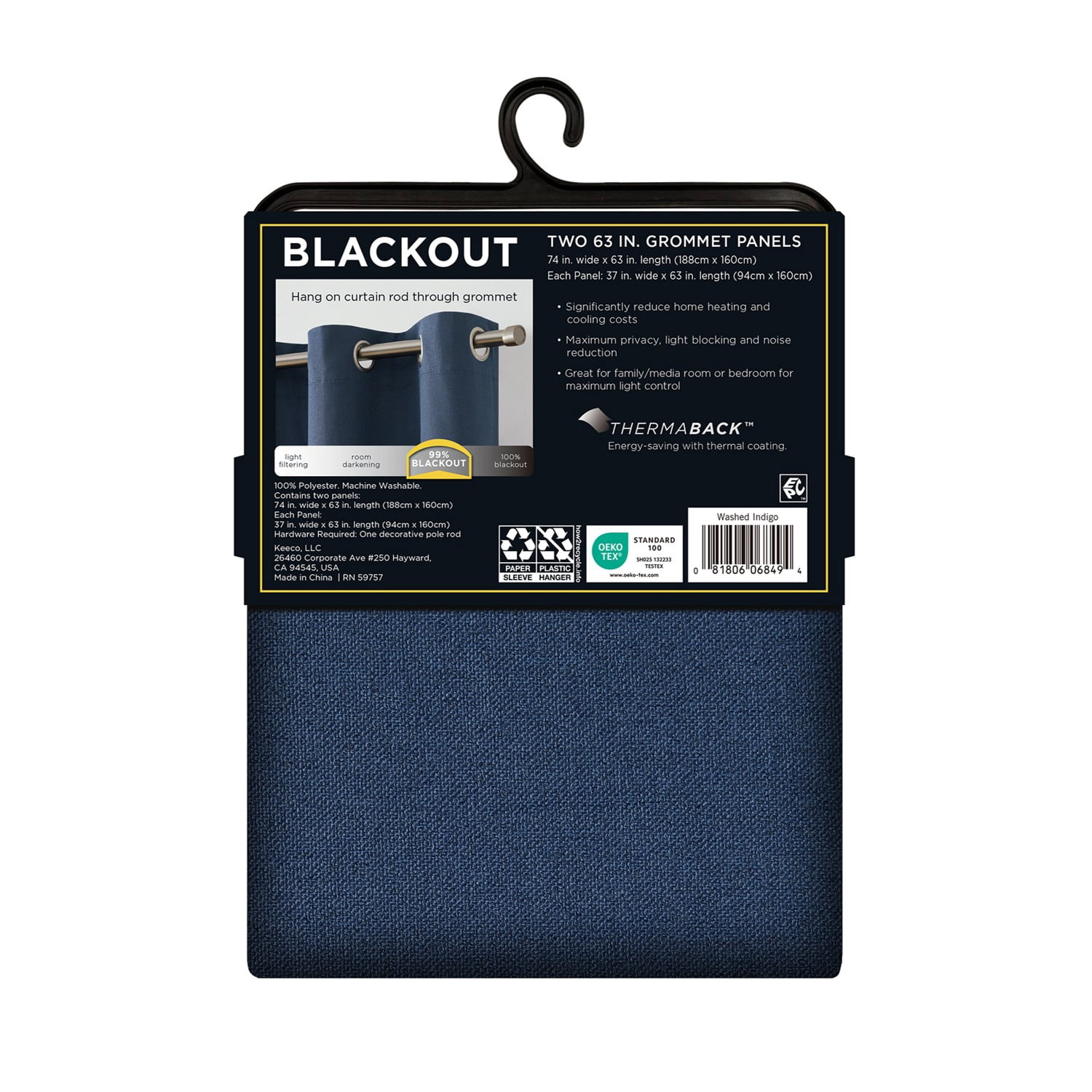 Eclipse Corte Solid Blackout Curtains, Set of 2, 63 Inch Long Blackout Curtains, 37" W x 63" L, Indigo