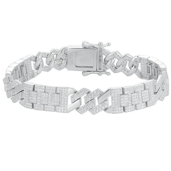 Men's Cuban Link Bracelet Clear 5A  CZ Chain Bracelet for Men 18K White Gold Plated 925 Sterling Silver Mens Bracelet Jewelry 18-20CM ﻿