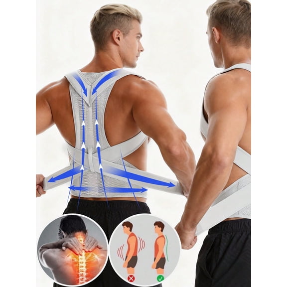 Plus Size Posture Corrector for Men Women, Gray Adjustable Back Brace for Big & Tall, Upper Back Straightener for Pain Relief