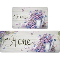 Farmhouse Kitchen Mats for Floor Set of 2 Cushioned Anti Fatigue Kitchen Rugs Purple Floral Non Slip Rubber Waterproof Memory Foam Comfort Standing Mat for Office Laundry, 17.3"x28" 17.3"x47"