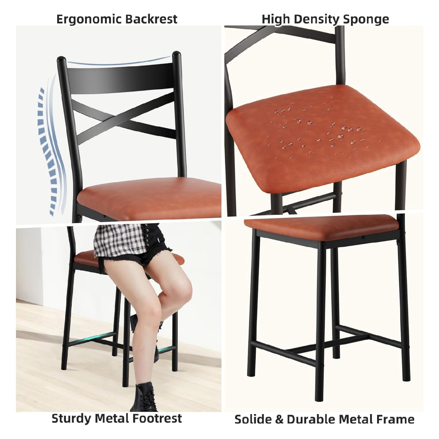 2/4PCS Home Bar Stools, PU Upholstered Bar Chairs, Kitchen Island Chairs With X-Shaped Backrest And Metal Footrest, Black Counter Height Chairs For Dining Room, Coffee Shop
